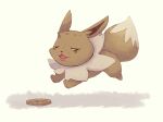  :3 animal_focus bags_under_eyes black_eyes boke-chan commentary_request eevee half-closed_eyes happy jumping no_humans open_mouth pawpads pokemon pokemon_(creature) pushbutton running simple_background smile solo white_background 
