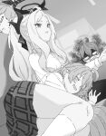  4girls :t =_= ahoge ako_(blue_archive) ataru_(cha2batake) bangs blue_archive demon_horns greyscale halo highres hina_(blue_archive) horns hoshino_(blue_archive) indoors kneehighs lap_pillow long_hair long_sleeves monochrome multiple_girls multiple_horns parted_bangs plaid plaid_skirt pleated_skirt ponytail skirt sleeping sleeve_cuffs socks zzz 