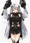  1girl :o alternate_costume arms_up artist_name bangs bare_shoulders black_dress black_gloves blush breasts commission covered_navel destroyer_(girls&#039;_frontline) dress feet_out_of_frame girls&#039;_frontline gloves grey_hair gun hair_ornament hairclip highres holding holding_gun holding_weapon jacket long_hair long_sleeves looking_at_viewer mechanical_legs medium_breasts multicolored_hair open_clothes open_jacket open_mouth sangvis_ferri skeb_commission solo standing streaked_hair sutekina_awa twintails weapon white_background white_jacket yellow_eyes 