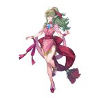  1girl absurdres bangs bracelet breasts commentary_request dress fire_emblem fire_emblem:_mystery_of_the_emblem fire_emblem_heroes full_body gold_trim green_eyes green_hair highres jewelry leg_up long_hair looking_at_viewer medium_breasts official_art p-nekor parted_lips pink_dress pointy_ears ponytail shiny shiny_hair shoes short_dress sidelocks simple_background sleeveless smile solo stone tiara tiki_(fire_emblem) turtleneck white_background 