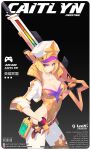  1girl artist_name bangs belt beret black_background blonde_hair bob_cut breasts caitlyn_(league_of_legends) character_name choker cleavage closed_mouth gloves gun hat holding holding_gun holding_weapon jacket league_of_legends lenn_sparrow leotard looking_at_viewer medium_hair pants purple_eyes rifle sniper_rifle solo weapon white_choker white_headwear white_jacket white_pants yellow_gloves yellow_leotard 