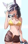  1girl alternate_costume animal_ears bangs bare_shoulders bikini bikini_under_clothes black_hair blue_eyes blush bottle breasts brown_shorts cleavage cowboy_shot eishin_flash_(umamusume) hand_up highres holding holding_bottle holding_own_tail horse_ears horse_girl horse_tail looking_at_viewer medium_breasts medium_hair mouth_hold navel shorts solo solokitsune swimsuit tail umamusume visor_cap water_bottle whistle yellow_bikini 