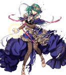  1girl bangs blue_dress braid breasts byleth_(fire_emblem) byleth_(fire_emblem)_(female) cleavage dress fire_emblem fire_emblem:_three_houses fire_emblem_heroes fujisaka_kimihiko full_body gold_trim green_hair hair_ornament highres jewelry long_dress long_hair looking_away magic medium_breasts non-web_source official_art pantyhose parted_lips shiny shiny_hair solo sparkle tiara toeless_footwear toes torn_clothes torn_dress torn_loincloth transparent_background twin_braids twintails 