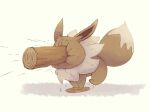 animal_focus boke-chan commentary_request eevee full_body fur_collar in_the_face log motion_lines no_humans pokemon pokemon_(creature) pushbutton running simple_background solo white_background wood 