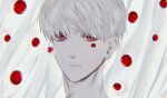  1boy albino bangs beads blood blood_drop closed_mouth curtains eyelashes frown hair_over_eyes hanes_025 korean_commentary looking_at_viewer original pale_skin portrait red_eyes short_hair solo spot_color white_hair 