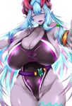  1girl absurdres bangs bare_shoulders belt black_swimsuit blue_hair blush body_markings breasts cleavage closed_eyes collarbone colored_skin covered_navel earrings eyeliner fate/grand_order fate_(series) grey_skin hair_between_eyes highleg highleg_swimsuit highres horns huge_breasts ibuki_douji_(fate) ibuki_douji_(swimsuit_berserker)_(fate) jewelry long_hair magatama makeup multicolored_hair one-piece_swimsuit oni oni_horns open_mouth pink_hair pink_swimsuit pointy_ears ponytail sideboob sidelocks smile solo swimsuit thick_thighs thighs tsukasawa_takamatsu two-tone_swimsuit 