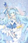  &gt;_&lt; 1girl 1other :d blue_dress blue_eyes blue_hair blue_nails blue_theme blush bow brooch cane cape center_frills crown crystal detached_sleeves dress dress_bow frilled_dress frills hatsune_miku highres holding holding_wand jewelry layered_dress long_hair long_sleeves melanbread mini_crown musical_note nail_polish neck_ruff puffy_detached_sleeves puffy_sleeves rabbit rabbit_yukine signature sitting smile snowflakes sparkle strapless strapless_dress tareme tiara twintails very_long_hair vocaloid wand white_sleeves xd yuki_miku yuki_miku_(2019) 