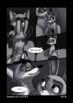  2022 anthro biped black_border border buckteeth canid canine cheek_tuft claws clothed clothing comic dialogue dipstick_ears disney dressing duo english_text facial_tuft female finger_claws fingerpads flat_chested fox foxxj gloves_(marking) greyscale hi_res judy_hopps lagomorph leporid male mammal markings monochrome multicolored_ears neck_tuft nick_wilde nipples pawpads rabbit scut_tail short_tail speech_bubble teeth text topless tuft zootopia 