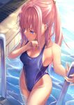  1girl alternate_hairstyle blue_eyes blue_swimsuit breasts competition_swimsuit covered_navel cowboy_shot girls&#039;_frontline highleg highleg_swimsuit highres medium_breasts multicolored_hair one-piece_swimsuit pink_hair ponytail pool pool_ladder solo st_ar-15_(girls&#039;_frontline) streaked_hair swimsuit water xlscaler 