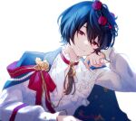  1boy artist_name bangs beads black_hair black_jacket buttons choker closed_mouth commentary crescent crescent_choker english_commentary ensemble_stars! flower frilled_shirt frills hair_ornament hand_up head_rest head_tilt highres jacket jacket_on_shoulders jewelry long_sleeves male_focus pendant pendant_choker plant red_choker red_eyes red_flower red_ribbon red_rose ribbon rose sakuma_ritsu shirt short_hair sidelocks smile solo sonyaneko tassel tassel_choker thorns upper_body vines white_background white_shirt 