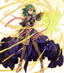  1girl bangs blue_dress braid breasts byleth_(fire_emblem) byleth_(fire_emblem)_(female) cleavage closed_eyes dress fire_emblem fire_emblem:_three_houses fire_emblem_heroes fujisaka_kimihiko full_body gold_trim green_hair hair_ornament hand_up high_heels highres jewelry long_dress long_hair magic medium_breasts non-web_source official_art pantyhose pelvic_curtain shiny shiny_hair solo sparkle standing tiara toeless_footwear toes transparent_background twin_braids twintails 