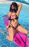  1girl barefoot beach bikini black_hair breasts cleavage colored_skin commentary commission day demon_girl dr_altruist english_text horizon looking_at_viewer mask medium_breasts mileena mortal_kombat mouth_mask navel ocean orange_skin outdoors solo summer surfboard swimsuit wet yellow_eyes 