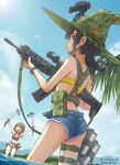  2girls animal animal_on_shoulder ass assault_rifle bikini bikini_under_clothes black_cat black_hair blue_shorts blue_sky blush breasts brown_eyes camouflage camouflage_headwear cat closed_mouth cloud commentary_request copyright_request dated day denim denim_shorts dual_wielding front-tie_bikini front-tie_top green_headwear gun hat highres holding holding_gun holding_sword holding_weapon howa_type_20 katana medium_breasts mifune_(_mifune_707) multiple_girls outdoors outstretched_arms profile red_bikini rifle short_hair short_shorts shorts side-tie_bikini sig_sauer sig_sauer_mcx_spear sky standing swimsuit sword twitter_username water weapon witch_hat yellow_bikini 