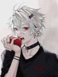  1boy apple bangs black_choker black_nails black_shirt bracelet choker collarbone commentary cross cross_choker cross_earrings ear_piercing earrings eyelashes fangs fingernails food fruit grey_background hair_between_eyes hair_ornament hairclip hand_up highres holding holding_food holding_fruit jewelry kuzuha_(nijisanji) long_fingernails looking_at_viewer male_focus mayu_mey mole mole_under_eye nail_polish nijisanji open_mouth pale_skin piercing pointy_ears red_eyes ring sharp_fingernails shirt short_hair short_sleeves sidelocks solo studded_choker teeth tongue upper_body virtual_youtuber white_hair 