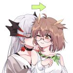  2girls arknights arrow_(symbol) bangs bare_shoulders black-framed_eyewear black_choker black_shirt blush brown_eyes brown_hair choker closed_eyes clothing_cutout collarbone glasses grey_hair hair_between_eyes hand_on_another&#039;s_shoulder hand_up highres jacket long_hair multiple_girls nail_polish one_eye_closed open_clothes open_jacket parted_lips red_nails rotem_(25rot) saria_(arknights) semi-rimless_eyewear shirt shoulder_cutout silence_(arknights) simple_background under-rim_eyewear white_background white_jacket white_shirt yuri 