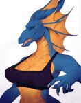  2022 absurd_res anthro breasts clothed clothing digital_media_(artwork) dragon female green_eyes hi_res horn non-mammal_breasts open_mouth spines teeth tongue vexstacy wingless_dragon 