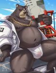  2022 anthro belly ben_(zenless_zone_zero) big_belly black_nose bodily_fluids bulge clothed clothing detailed_background genital_fluids hi_res kemono male mammal moobs navel nipples open_clothing open_shirt open_topwear outside overweight overweight_male piao_miao precum shirt sitting solo sweat topwear ursid weapon zenless_zone_zero 
