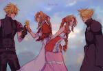  2boys 2girls aerith_gainsborough alternate_universe aqua_eyes armor arms_behind_back bandaged_arm bandages bangle bangs bare_arms belt blonde_hair blue_shirt blush bracelet braid braided_ponytail breasts brown_hair buttons choker cloud cloud_strife cloudy_sky cropped_jacket dress dual_persona final_fantasy final_fantasy_vii final_fantasy_vii_advent_children final_fantasy_vii_remake flower gloves green_eyes grey_shirt hair_between_eyes hair_ribbon halter_dress halterneck high_collar holding holding_flower jacket jewelry kingdom_hearts kingdom_hearts_ii leaning_forward long_dress long_hair looking_at_another medium_breasts multicolored_clothes multicolored_dress multiple_belts multiple_boys multiple_girls official_alternate_costume open_collar pants parted_bangs pink_dress pink_ribbon red_jacket red_ribbon ribbon sera_(serappi) shirt short_hair short_sleeves shoulder_armor sidelocks sky sleeveless sleeveless_shirt sleeveless_turtleneck smile spiked_hair suspenders turtleneck waist_cape yellow_flower 