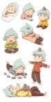 1boy :d baby bangs barefoot blush_stickers brown_pants closed_eyes closed_mouth commentary happy holding_rock jacket looking_up lying male_focus multiple_views on_stomach open_mouth pants pokemon pokemon_(game) pokemon_rse rock saliva short_hair simple_background sleeping smile ssalbulre steven_stone toddler trembling white_background younger 