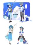  1boy 1girl :o aoaomzir backpack bag baseball_cap black_hair blue_eyes blue_footwear blue_hair blue_pants blue_sailor_collar blue_shirt bracelet bucket capri_pants closed_eyes closed_mouth covering_mouth elio_(pokemon) fish flip-flops hairband hand_up hat heavy highres holding holding_bucket jewelry lana_(pokemon) medium_hair open_mouth pants pokemon pokemon_(creature) pokemon_(game) pokemon_sm popplio sailor_collar sandals shirt shoes short_hair short_sleeves sleeveless sleeveless_shirt smile standing striped striped_shirt t-shirt translation_request wave_print white_shirt yellow_hairband z-ring 