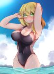  1girl absurdres arm_behind_head armpits arms_up bangs bare_arms bare_shoulders black_swimsuit blonde_hair blue_sky blush breasts cleavage cloud collarbone commentary_request competition_swimsuit covered_navel cowboy_shot day green_eyes groin hair_between_eyes highres large_breasts long_hair looking_at_viewer ocha_no_mae one-piece_swimsuit original outdoors parted_lips sky smile solo standing sunlight swimsuit water 