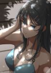  1girl black_hair blue_eyes blue_swimsuit breasts cleavage hair_ornament hairclip highres long_hair looking_at_viewer medium_breasts raiz_art_works sakurajima_mai seishun_buta_yarou swimsuit wet 