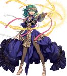  1girl bangs blue_dress braid breasts byleth_(fire_emblem) byleth_(fire_emblem)_(female) cleavage dress fire_emblem fire_emblem:_three_houses fire_emblem_heroes fujisaka_kimihiko full_body gold_trim green_eyes green_hair hair_ornament hand_up high_heels highres jewelry long_dress long_hair looking_away magic medium_breasts non-web_source official_art open_mouth pantyhose pelvic_curtain shiny shiny_clothes shiny_hair solo standing tiara toeless_footwear toes transparent_background twin_braids twintails 