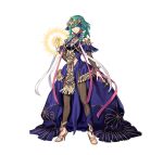  1girl absurdres bangs blue_dress braid breasts byleth_(fire_emblem) byleth_(fire_emblem)_(female) clenched_hand closed_mouth commentary_request cosplay dress fire_emblem fire_emblem:_three_houses fire_emblem_heroes fujisaka_kimihiko full_body gold_trim green_eyes green_hair hair_ornament hand_up high_heels highres jewelry loincloth long_dress long_hair looking_at_viewer medium_breasts pantyhose pelvic_curtain simple_background solo sothis_(fire_emblem) sothis_(fire_emblem)_(cosplay) sparkle standing tiara toeless_footwear twin_braids twintails white_background 