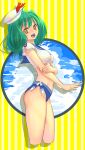  1girl :d ahoge ass bikini bikini_bottom_only blue_bikini blue_sailor_collar cropped_legs dress_shirt from_side green_hair groin hair_intakes hat hat_ribbon highres jj_(ssspulse) long_hair looking_at_viewer macross macross_frontier midriff mismatched_bikini navel open_mouth ranka_lee red_ribbon ribbon sailor_collar sailor_shirt shiny shiny_hair shirt short_sleeves side-tie_bikini smile solo standing stomach striped striped_background swimsuit tied_shirt white_headwear white_shirt yellow_background yellow_eyes 