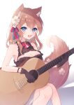  1girl :d acoustic_guitar akuo_11 animal_ears bangs blue_eyes blush bracelet breasts brown_hair cleavage cleavage_cutout clothing_cutout crescent_brooch fang flower gloves guitar hair_flower hair_ornament hair_ribbon highres hizuki_rurufu holding holding_instrument instrument jewelry large_breasts long_hair neck_ribbon open_mouth ribbon shirt sleeveless sleeveless_shirt smile snack_nili solo tail tail_flower tail_ornament 