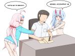  1boy 2girls absurdres arm_grab beard blue_archive blue_hair chair chise_(blue_archive) desk facial_hair greenteaneko highres horns hoshino_(blue_archive) long_hair multiple_girls paper parka pen pink_hair sensei_(blue_archive) sitting swimsuit 