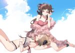  2girls absurdres arknights azure_silan bare_shoulders barefoot bikini blue_sky breasts brown_hair cleavage closed_eyes closed_mouth cloud cloudy_sky day detached_sleeves eyjafjalla_(arknights) eyjafjalla_(summer_flowers)_(arknights) hand_up highres horns ifrit_(arknights) ifrit_(sunburn)_(arknights) knees_up lap_pillow long_hair lying medium_breasts multiple_girls navel on_back open_mouth outdoors puffy_short_sleeves puffy_sleeves red_bikini red_eyes red_sleeves short_sleeves sitting sky small_breasts smile swimsuit very_long_hair white_bikini yokozuwari 