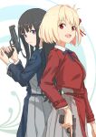  2girls bangs belt black_hair blonde_hair blue_dress breasts closed_mouth commentary_request dress grey_dress gun hair_ribbon handgun highres holding holding_gun holding_weapon inoue_takina long_hair long_sleeves looking_at_viewer lycoris_recoil lycoris_uniform multiple_girls nishikigi_chisato open_mouth pleated_dress purple_eyes red_eyes red_ribbon ribbon short_hair simple_background taruya weapon 