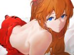  1girl absurdres bangs bare_back bare_shoulders blue_eyes bodysuit clothes_removed hair_between_eyes head_tilt hermityy highres long_hair looking_at_viewer lying neon_genesis_evangelion orange_hair plugsuit red_bodysuit solo souryuu_asuka_langley white_background 