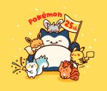  anniversary ccmakiart confetti copyright_name eevee flag holding holding_flag holding_party_popper hug minccino no_humans on_head pachirisu party_popper pikachu pokemon pokemon_(creature) snorlax vulpix 