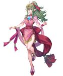  1girl bangs bracelet breasts dress fire_emblem fire_emblem:_mystery_of_the_emblem fire_emblem_heroes full_body gold_trim green_eyes green_hair high_ponytail highres jewelry leg_up long_hair looking_at_viewer medium_breasts non-web_source official_art p-nekor parted_lips pink_dress pointy_ears ponytail shiny shiny_hair shoes short_dress sidelocks sleeveless smile solo stone thighs tiara tiki_(fire_emblem) transparent_background turtleneck 