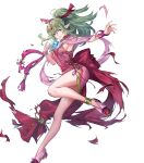  1girl bangs bracelet breasts dress fire_emblem fire_emblem:_mystery_of_the_emblem fire_emblem_heroes full_body glowing gold_trim green_eyes green_hair high_ponytail highres jewelry leg_up long_hair looking_away medium_breasts non-web_source official_art p-nekor parted_lips pink_dress pointy_ears ponytail shiny shiny_hair short_dress sleeveless solo sweat sweatdrop thighs tiara tiki_(fire_emblem) torn_clothes transparent_background 
