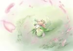  commentary_request day falling_petals flower from_above full_body grass highres lilligant looking_up orange_eyes outdoors petals pokemon yusuke_oshida 