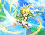  1girl bangs blonde_hair blue_sky boots bow bracelet breasts cleavage cloud day floating_hair game_cg green_eyes green_jacket hair_between_eyes hair_bow holding holding_sword holding_weapon jacket jewelry leafa long_hair long_sleeves medium_breasts open_mouth outdoors pointy_ears ponytail short_shorts shorts sky solo sword sword_art_online thighhighs v-shaped_eyebrows very_long_hair waist_cape weapon white_bow 