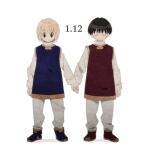 16_ban 2boys ankle_boots arms_at_sides bangs black_hair blonde_hair blue_footwear blue_tunic boots child closed_eyes closed_mouth dated expressionless full_body holding_hands hunter_x_hunter kurapika long_sleeves male_child male_focus multiple_boys pairo pants red_footwear red_tunic shirt short_hair side-by-side simple_background smile standing white_background white_pants white_shirt younger 