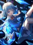  1girl :d \||/ absurdres ahoge bangs bloomers blue_bow blue_eyes blue_hair blue_shirt blurry blurry_background blurry_foreground blush bow bowtie chromatic_aberration cirno crystal dark_background depth_of_field dfd feet_out_of_frame flat_chest floating foreshortening glowing hair_bow highres ice ice_wings legs_up looking_at_viewer midriff_peek open_mouth outstretched_arms perspective puffy_short_sleeves puffy_sleeves red_bow red_bowtie shirt short_hair short_sleeves sidelighting simple_background smile solo touhou underwear v-shaped_eyebrows white_shirt wing_collar wings 