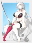  1girl arm_support bikini breasts collarbone fate/grand_order fate_(series) halter_top halterneck head_tilt highres jeanne_d&#039;arc_alter_(fate) jeanne_d&#039;arc_alter_(swimsuit_berserker)_(fate) katana large_breasts long_hair navel o-ring o-ring_bikini pale_skin pinky_out ri_o_ne_su sidelocks single_thighhigh sitting skindentation solo swimsuit sword thigh_strap thighhighs very_long_hair weapon white_hair yellow_eyes 