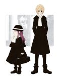  16_ban 1girl ankle_boots bangs black_coat black_dress black_footwear black_headwear black_pants black_pantyhose blonde_hair blue_footwear boots buck_teeth coat dress full_body holding hunter_x_hunter kurapika long_hair long_sleeves looking_away pants pantyhose profile purple_hair sad scarf senritsu shirt short_hair smile standing tabard teeth white_scarf white_shirt 