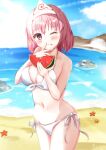  1girl bangs beach bikini blue_sky breasts cleavage closed_mouth cloud cowboy_shot food food_on_face highres holding holding_food horizon large_breasts looking_at_viewer navel ocean one_eye_closed pink_eyes pink_hair saigyouji_yuyuko shirotsuki_shirone short_hair side-tie_bikini sky smile solo standing starfish swimsuit touhou triangular_headpiece watermelon_slice white_bikini 