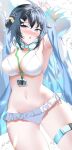  1girl :o ahoge arknights armpits bikini black_hair blush breasts cleavage duplicate frills goggles goggles_around_neck hair_ornament highres id_card jacket la_pluma_(arknights) la_pluma_(summer_flowers)_(arknights) lanyard large_breasts long_sleeves looking_at_viewer navel official_alternate_costume open_clothes open_jacket pixel-perfect_duplicate shiben_(ugvu5784) short_hair solo stomach swimsuit thigh_strap water white_bikini 