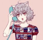  1girl :o ahoge animal_ears bangs bare_arms bella_scottland casual cat_ears cat_girl cherry corded_phone doll_joints eyelashes flat_chest food fruit genderswap genderswap_(otf) grey_hair hair_between_eyes hand_up holding holding_phone hunter_x_hunter joints lipstick makeup neferpitou open_mouth phone print_shirt puffy_short_sleeves puffy_sleeves red_background red_shirt shirt short_hair short_sleeves simple_background solo talking_on_phone upper_body wavy_hair 