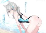  1girl :o ? animal_ear_fluff animal_ears ass backless_swimsuit bangs bare_arms beach bent_over black_swimsuit blue_archive blue_eyes blush breasts chicke_iii competition_swimsuit extra_ears from_side grey_hair hair_between_eyes halo highres long_hair looking_at_viewer looking_to_the_side medium_breasts one-piece_swimsuit parted_lips shiroko_(blue_archive) shiroko_(swimsuit)_(blue_archive) solo spoken_question_mark swimsuit thong_swimsuit water 