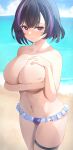  1girl bangs beach bikini bikini_bottom_only black_hair blue_sky breasts collarbone commission copyright_request covering covering_breasts cowboy_shot day frilled_bikini frills hand_on_own_chest hands_up highres horizon kanno_esuto large_breasts legs_together looking_at_viewer multicolored_hair navel open_mouth outdoors purple_eyes purple_hair sand short_hair sky solo standing swimsuit thigh_strap topless tsurime two-tone_hair water white_bikini 