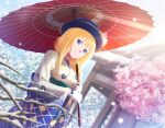  1girl alice_zuberg bangs blonde_hair blue_eyes blue_gloves blue_headwear bow braid braided_ponytail closed_mouth day floral_print game_cg gloves gradient_sleeves hair_over_shoulder holding holding_umbrella japanese_clothes kimono long_hair long_sleeves outdoors ponytail print_kimono red_umbrella smile snow solo standing sword_art_online umbrella white_gloves white_kimono wide_sleeves 