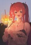  1girl absurdres black_bra blurry blurry_background blush bra breasts cleavage collarbone fang fireworks frilled_bra frilled_shirt_collar frills gem highres holding_fireworks jewelry large_breasts last_origin looking_at_viewer may_of_doom necklace off-shoulder_shirt off_shoulder outdoors red_eyes red_hair see-through see-through_shirt shade_of_trees shirt skin_fang smile solo sparkler twintails underwear upper_body white_shirt 